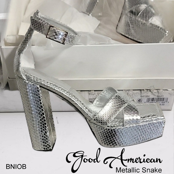 NWT Metallic Snake Platforms Open Toe Silver Block Heel Sandals Ankle Strap Lock - Picture 9 of 16